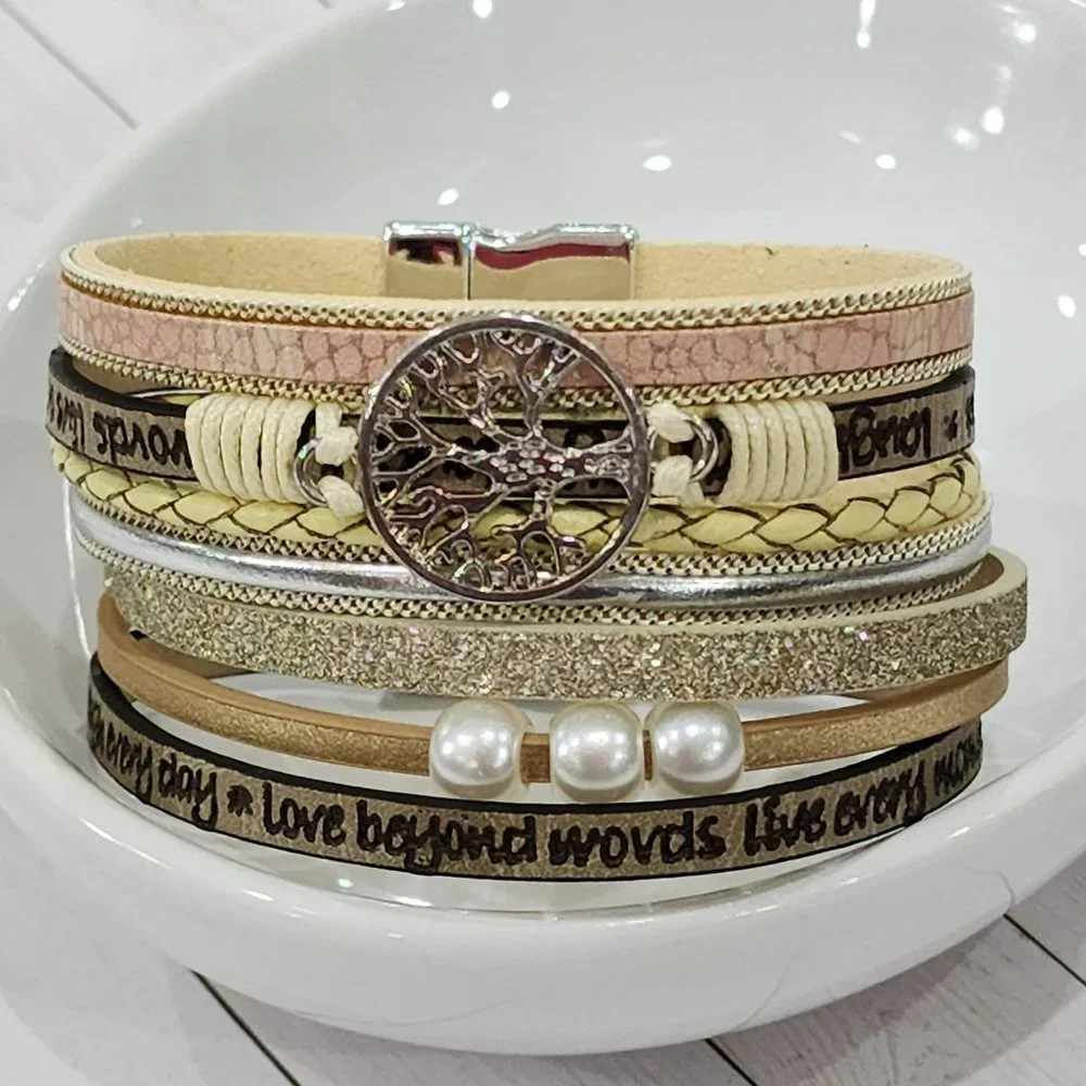 Multilayer Leather Bangle Magnetic‎ Bracelet for Men Or Women 7.5in - Khaki